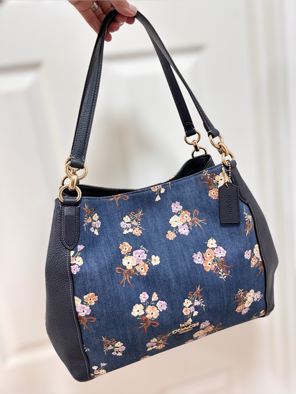 Coach Hallie Shoulder Bag Floral Bouquet Denim Print Navy Leather - Picture 15 of 15